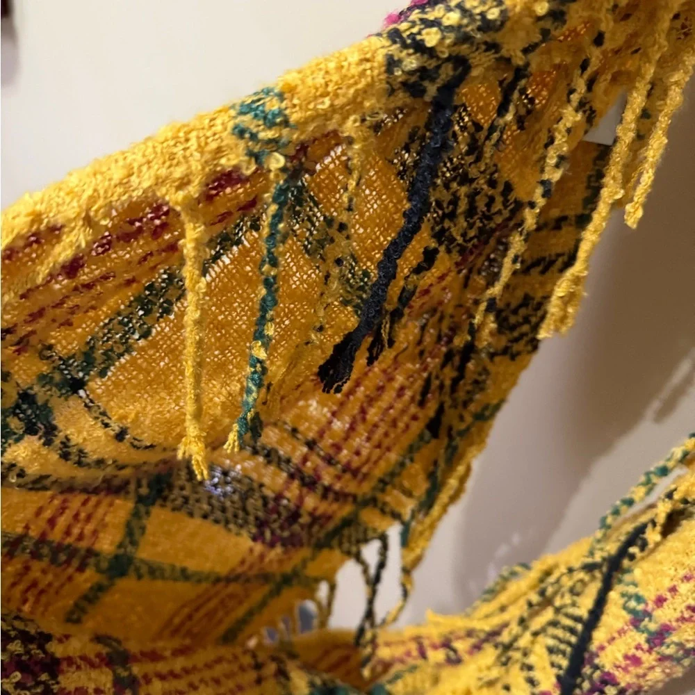Yellow Plaid Fringed Scarf
